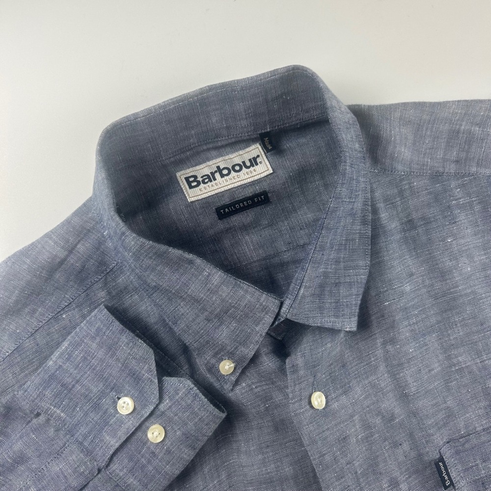 Barbour Men's L Frank Tailored Fit 100% Linen Shirt Blue Long Sleeve Button Down